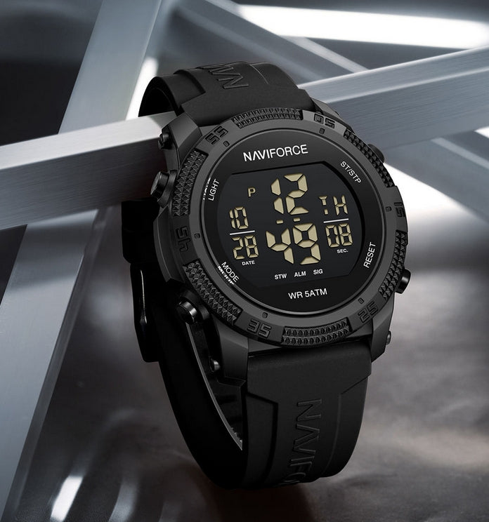 NAVIFORCE 7104 Digital Watch Silicone Strap Acrylic Case Sport Water Resistant Luminous Watch for Men with Alarm Feature