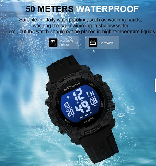 NAVIFORCE 7104 Digital Watch Silicone Strap Acrylic Case Sport Water Resistant Luminous Watch for Men with Alarm Feature
