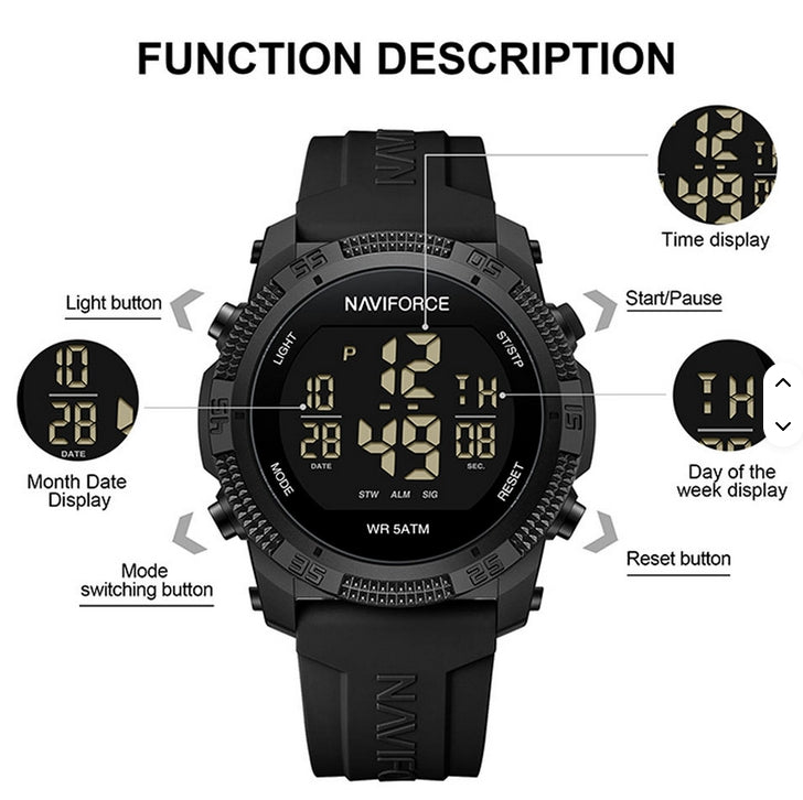 NAVIFORCE 7104 Digital Watch Silicone Strap Acrylic Case Sport Water Resistant Luminous Watch for Men with Alarm Feature