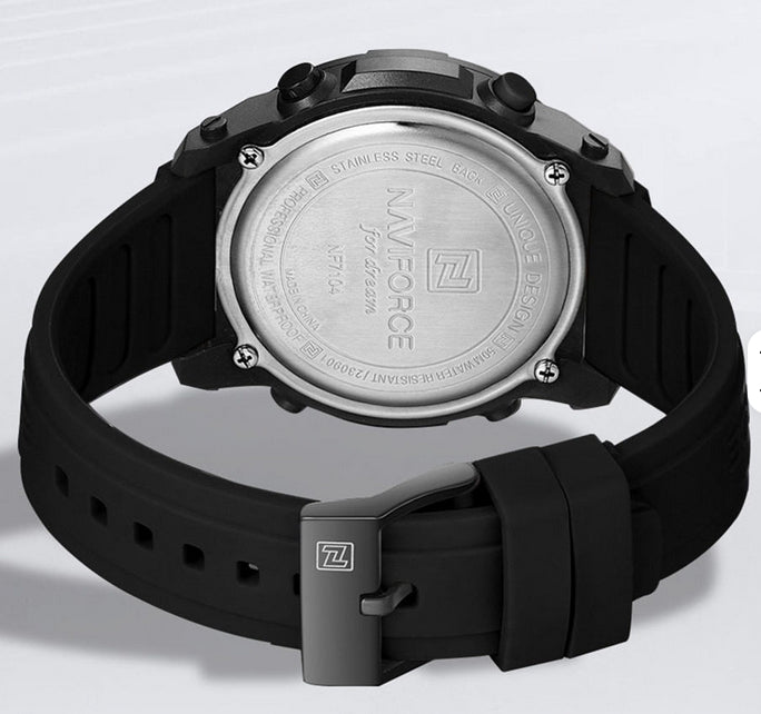 NAVIFORCE 7104 Digital Watch Silicone Strap Acrylic Case Sport Water Resistant Luminous Watch for Men with Alarm Feature