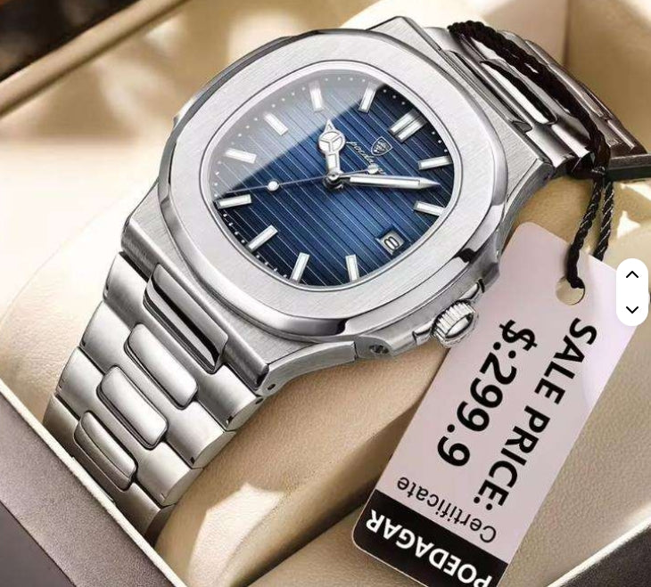 Men's Luxury Brand Square Case Stainless Steel Back Calendar Luminous Dial Waterproof 613 POEDAGAR Watch for Men